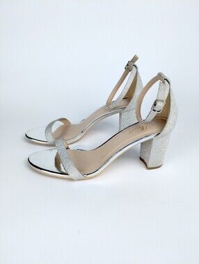 ElElax Open Toe Block Heel Ankle Strap Dress Sandals Silver Strappy Heels Sz 9.5